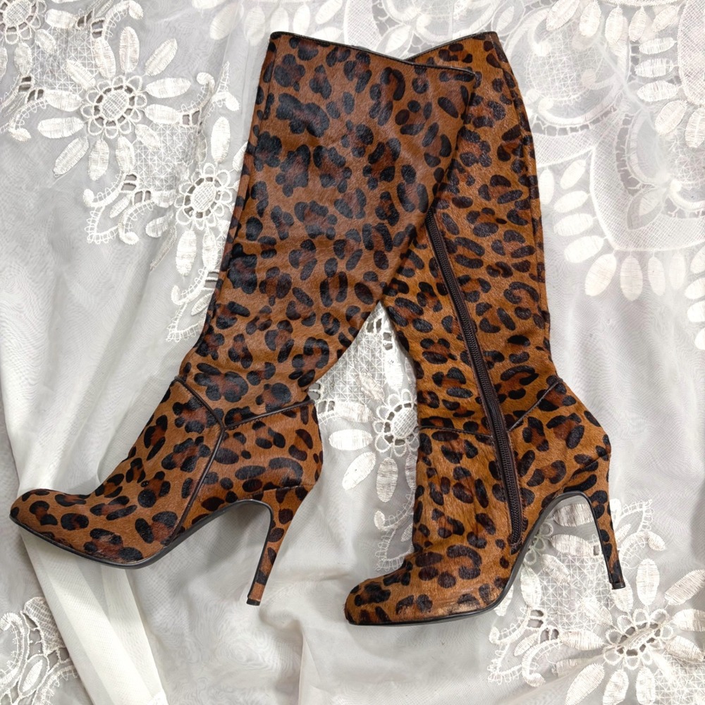Y2K Club Leopard Calf Hair Knee High Stiletto Boots Brown 7M